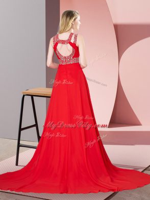 Sexy Red Sleeveless Beading Backless