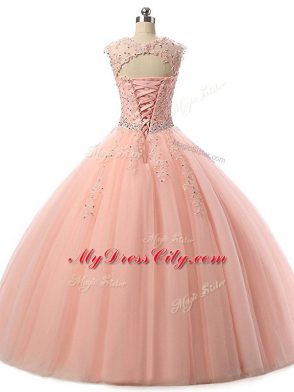 Sleeveless Tulle Floor Length Lace Up Quinceanera Dress in Brown with Beading and Lace