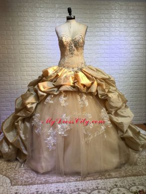 Custom Design Gold Lace Up Sweetheart Beading and Appliques and Pick Ups Quince Ball Gowns Taffeta and Tulle Sleeveless Court Train