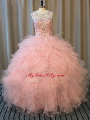 Fantastic Pink Sleeveless Floor Length Beading and Ruffles Lace Up Quinceanera Dress