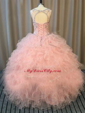 Fantastic Pink Sleeveless Floor Length Beading and Ruffles Lace Up Quinceanera Dress