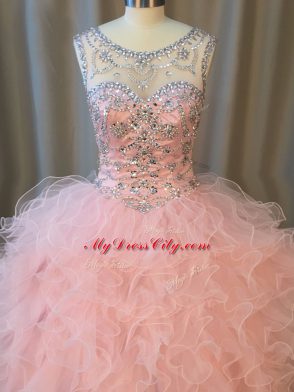 Fantastic Pink Sleeveless Floor Length Beading and Ruffles Lace Up Quinceanera Dress