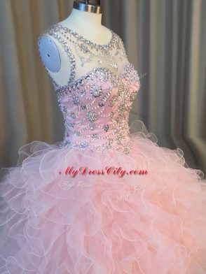 Fantastic Pink Sleeveless Floor Length Beading and Ruffles Lace Up Quinceanera Dress