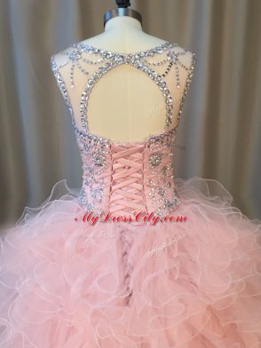 Fantastic Pink Sleeveless Floor Length Beading and Ruffles Lace Up Quinceanera Dress