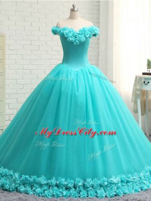 Nice Off The Shoulder Sleeveless Court Train Lace Up Sweet 16 Quinceanera Dress Aqua Blue Tulle