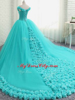 Nice Off The Shoulder Sleeveless Court Train Lace Up Sweet 16 Quinceanera Dress Aqua Blue Tulle