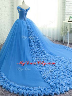 Nice Off The Shoulder Sleeveless Court Train Lace Up Sweet 16 Quinceanera Dress Aqua Blue Tulle