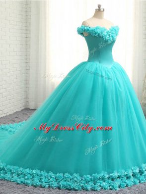 Nice Off The Shoulder Sleeveless Court Train Lace Up Sweet 16 Quinceanera Dress Aqua Blue Tulle