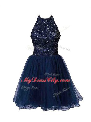 Delicate Sleeveless Tulle Mini Length Zipper Cocktail Dress in Navy Blue with Beading