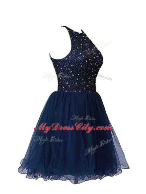 Delicate Sleeveless Tulle Mini Length Zipper Cocktail Dress in Navy Blue with Beading