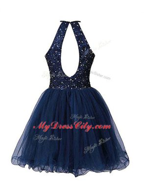 Delicate Sleeveless Tulle Mini Length Zipper Cocktail Dress in Navy Blue with Beading