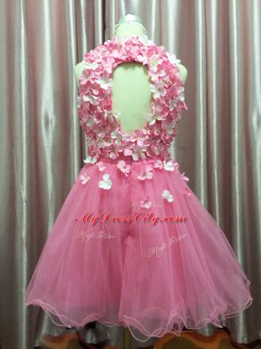 Pink Backless Halter Top Hand Made Flower Cocktail Dresses Tulle Sleeveless