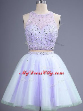 Sleeveless Tulle Knee Length Lace Up Bridesmaid Dress in Lavender with Beading