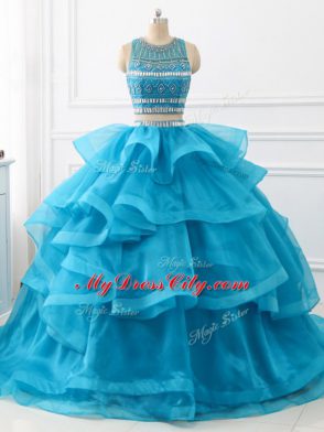 New Arrival Scoop Sleeveless Tulle Sweet 16 Dresses Beading and Ruffles Brush Train Backless