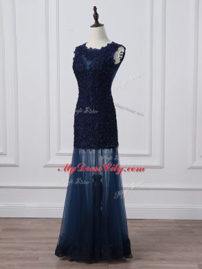 Exquisite Sleeveless Floor Length Lace and Appliques Lace Up Mother of the Bride Dress with Navy Blue