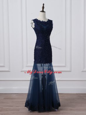 Exquisite Sleeveless Floor Length Lace and Appliques Lace Up Mother of the Bride Dress with Navy Blue