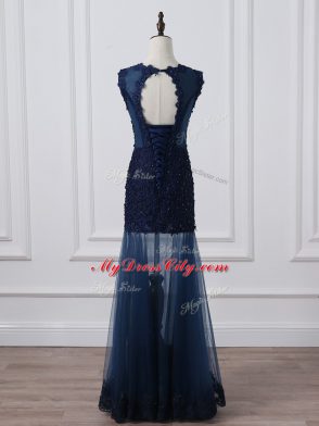 Exquisite Sleeveless Floor Length Lace and Appliques Lace Up Mother of the Bride Dress with Navy Blue