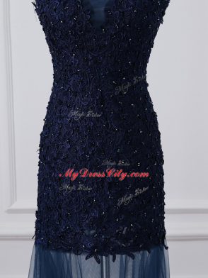 Exquisite Sleeveless Floor Length Lace and Appliques Lace Up Mother of the Bride Dress with Navy Blue