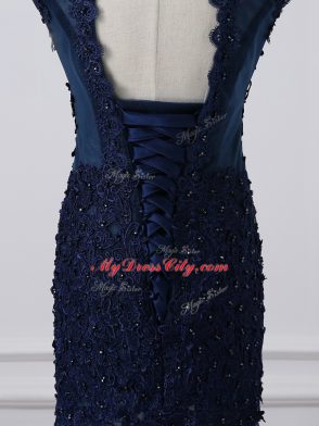 Exquisite Sleeveless Floor Length Lace and Appliques Lace Up Mother of the Bride Dress with Navy Blue