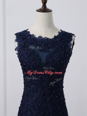 Exquisite Sleeveless Floor Length Lace and Appliques Lace Up Mother of the Bride Dress with Navy Blue