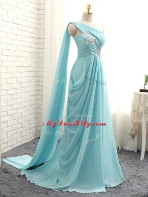 Best One Shoulder Sleeveless Chiffon Dama Dress for Quinceanera Beading and Ruching Brush Train Zipper