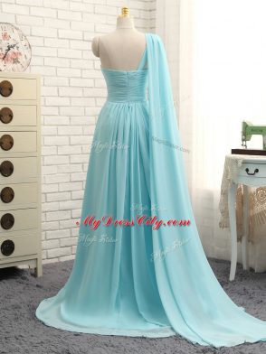 Best One Shoulder Sleeveless Chiffon Dama Dress for Quinceanera Beading and Ruching Brush Train Zipper