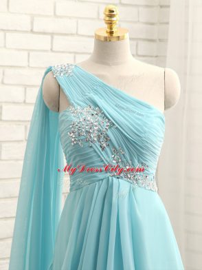 Best One Shoulder Sleeveless Chiffon Dama Dress for Quinceanera Beading and Ruching Brush Train Zipper