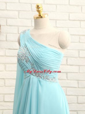 Best One Shoulder Sleeveless Chiffon Dama Dress for Quinceanera Beading and Ruching Brush Train Zipper