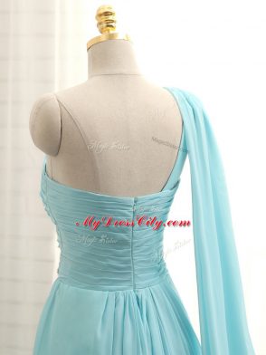 Best One Shoulder Sleeveless Chiffon Dama Dress for Quinceanera Beading and Ruching Brush Train Zipper