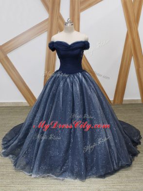 Off The Shoulder Sleeveless Prom Dresses Brush Train Ruching Navy Blue Tulle