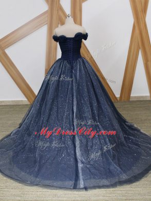 Off The Shoulder Sleeveless Prom Dresses Brush Train Ruching Navy Blue Tulle