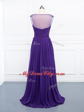 Purple Sleeveless Floor Length Beading and Ruching Side Zipper Evening Dress