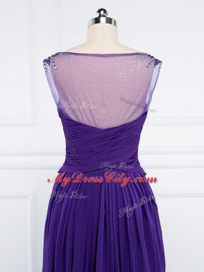 Purple Sleeveless Floor Length Beading and Ruching Side Zipper Evening Dress