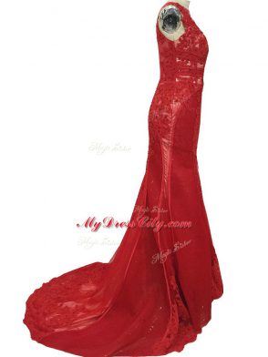 Red Zipper Mother of the Bride Dress Lace Sleeveless Brush Train