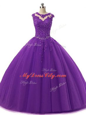 Sleeveless Floor Length Beading and Lace Lace Up Vestidos de Quinceanera with Dark Purple