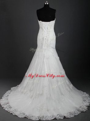 Custom Designed Sweetheart Sleeveless Wedding Dress Brush Train Lace White Tulle