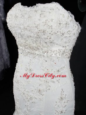 Custom Designed Sweetheart Sleeveless Wedding Dress Brush Train Lace White Tulle