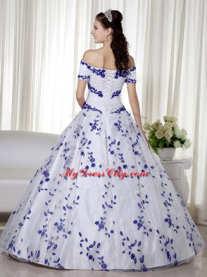 White Lace Up Quinceanera Gown Embroidery Short Sleeves Floor Length