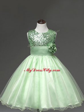 Apple Green Ball Gowns Sequins and Hand Made Flower Toddler Flower Girl Dress Zipper Tulle Sleeveless Knee Length