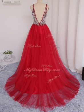 Beading Prom Gown Red Backless Sleeveless Brush Train