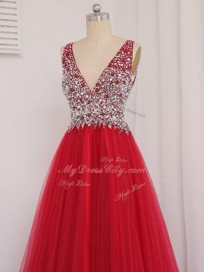 Beading Prom Gown Red Backless Sleeveless Brush Train