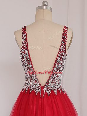 Beading Prom Gown Red Backless Sleeveless Brush Train