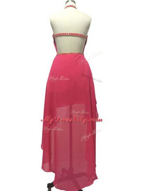 Hot Pink Halter Top Backless Beading Dress for Prom Sleeveless