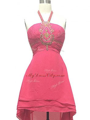 Hot Pink Halter Top Backless Beading Dress for Prom Sleeveless