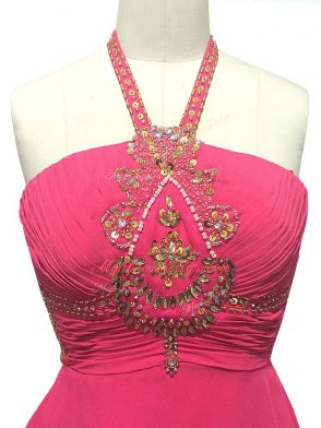 Hot Pink Halter Top Backless Beading Dress for Prom Sleeveless