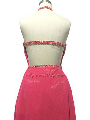 Hot Pink Halter Top Backless Beading Dress for Prom Sleeveless