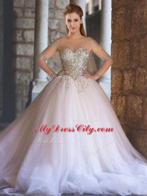 White Scoop Neckline Beading Quinceanera Dress Half Sleeves Lace Up