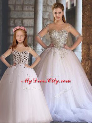 White Scoop Neckline Beading Quinceanera Dress Half Sleeves Lace Up