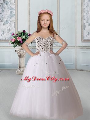 White Scoop Neckline Beading Quinceanera Dress Half Sleeves Lace Up