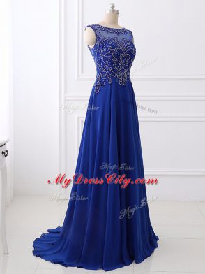 Suitable Chiffon Bateau Sleeveless Sweep Train Side Zipper Beading Prom Party Dress in Royal Blue